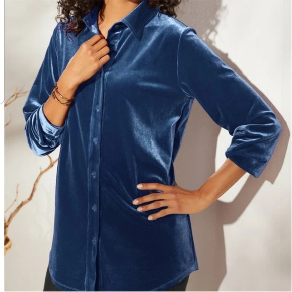 NWT SOFT SURROUNDINGS Velvet Navy Blue Cozy Buttondown Shirt - Picture 1 of 7